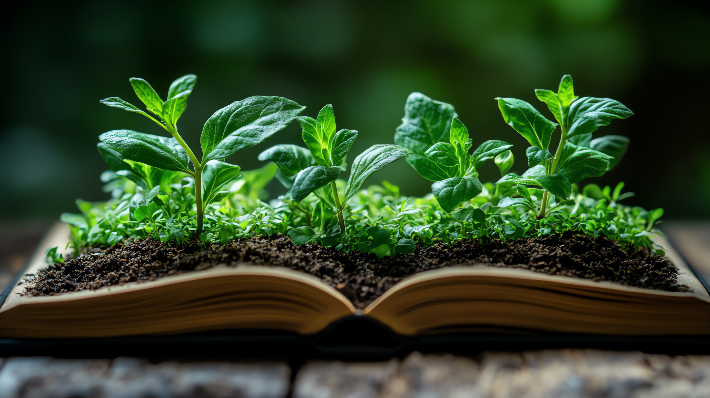 Aufgeschlagenes Buch, aus dem Pflanzen wachsen.